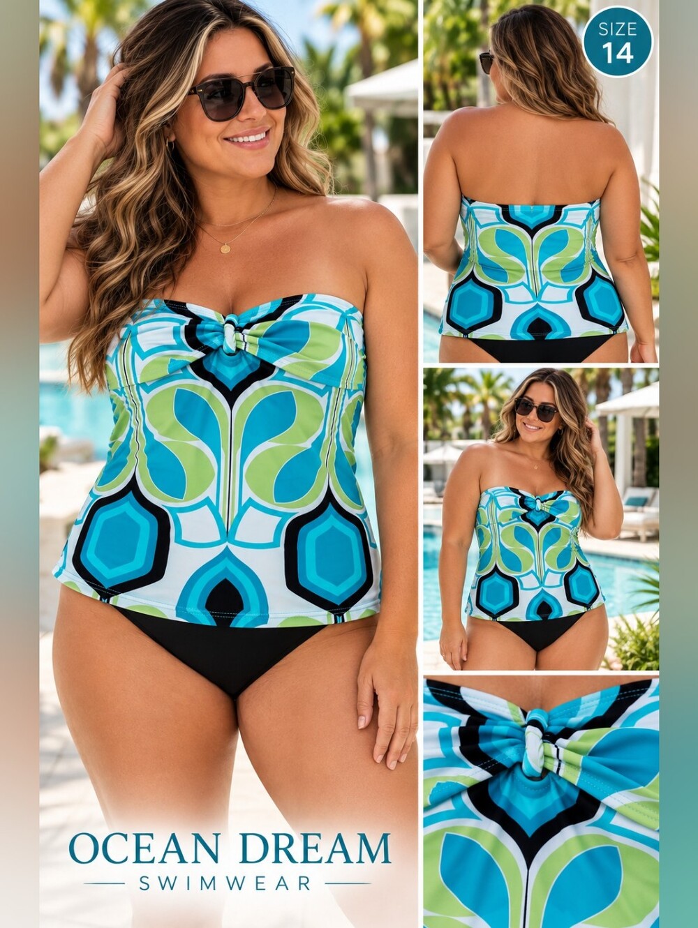 Ocean Dream Women’s Medium Strapless Tankini Top Retro Geometric Blue Green Y2K